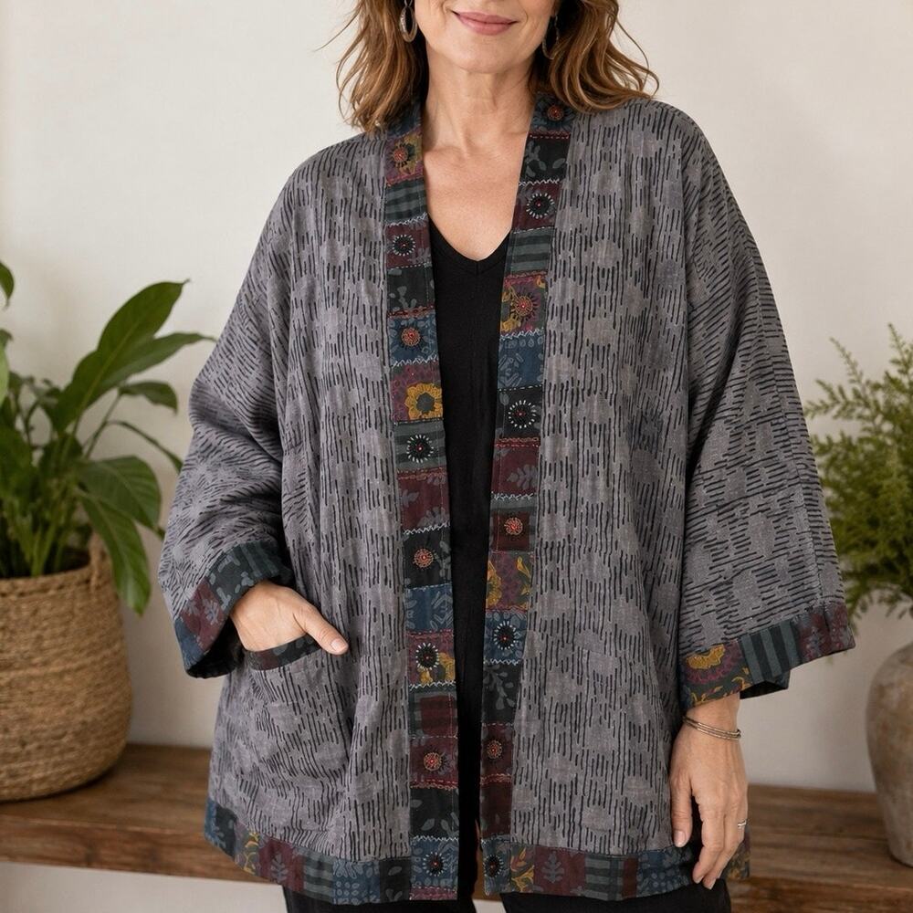 Marketplace Handwork Of IndiaCotton Boho Kimono Sleeve Art to Wear Jacket Top 2W